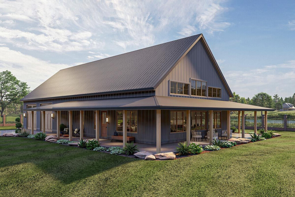 1 Story Barndominium Style House Plan With Massive Wrap Around Porch  - 1 Story Barn House Plans