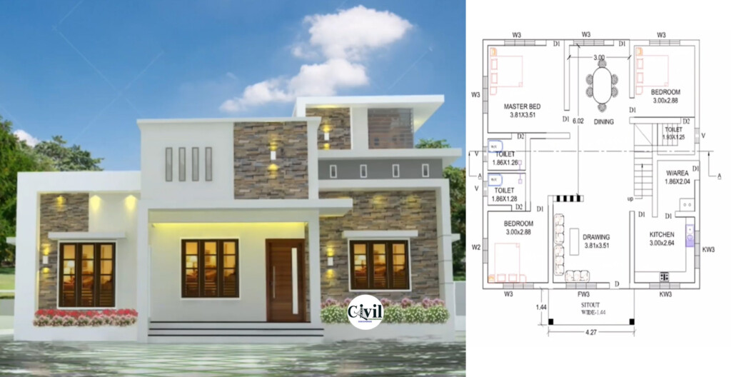 1000 Sq Ft 3BHK Contemporary Style Single Storey House And Free Plan  - 1000 Sq Ft House Plans 1 Story