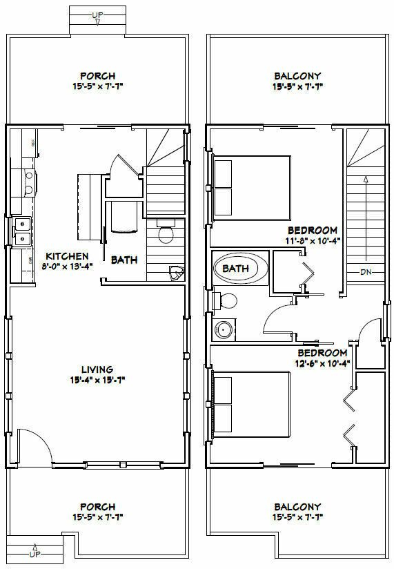 16x30 House 2 Bedroom PDF Floor Plan 873 Sq Ft Model 8  - 16X30 2 Story House Plans