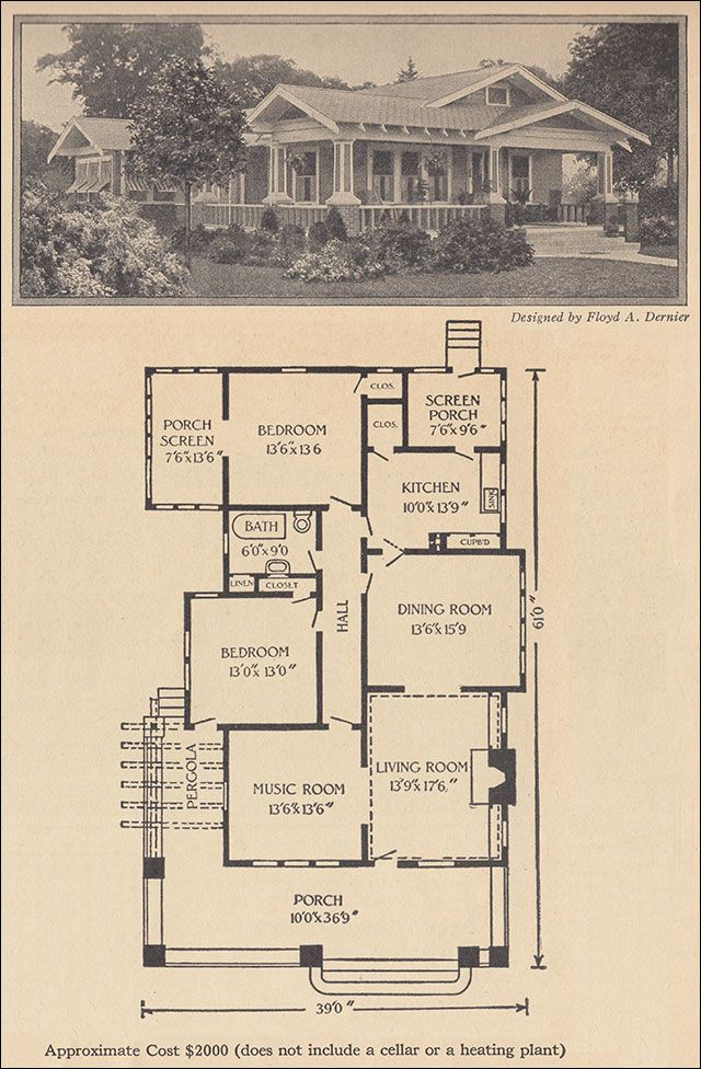 1916 One Story Bungalow Ladies Home Journal Floyd Dernier  - Vintage One Story House Plans