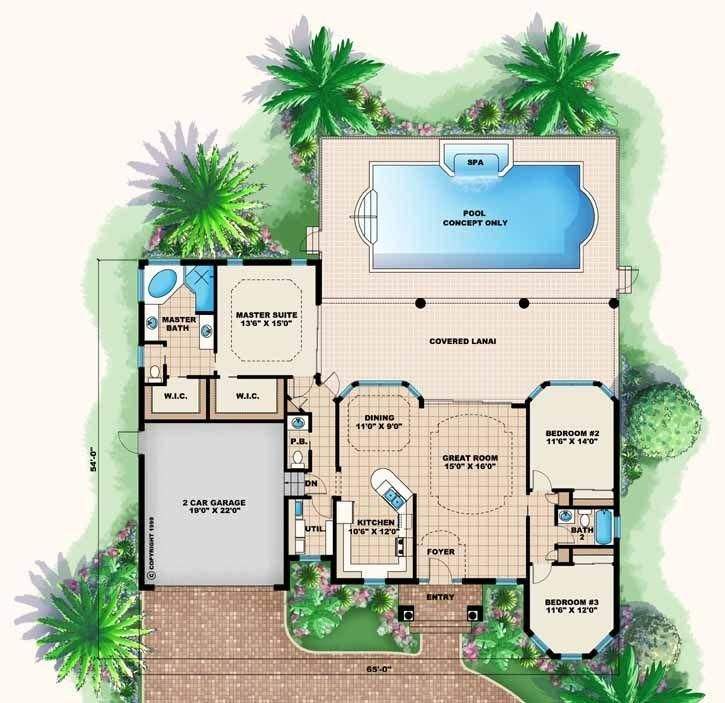 2 Bedroom Pool House With Garage Google Search Florida House Plans  - 2 Story House Plans With Indoor Pool