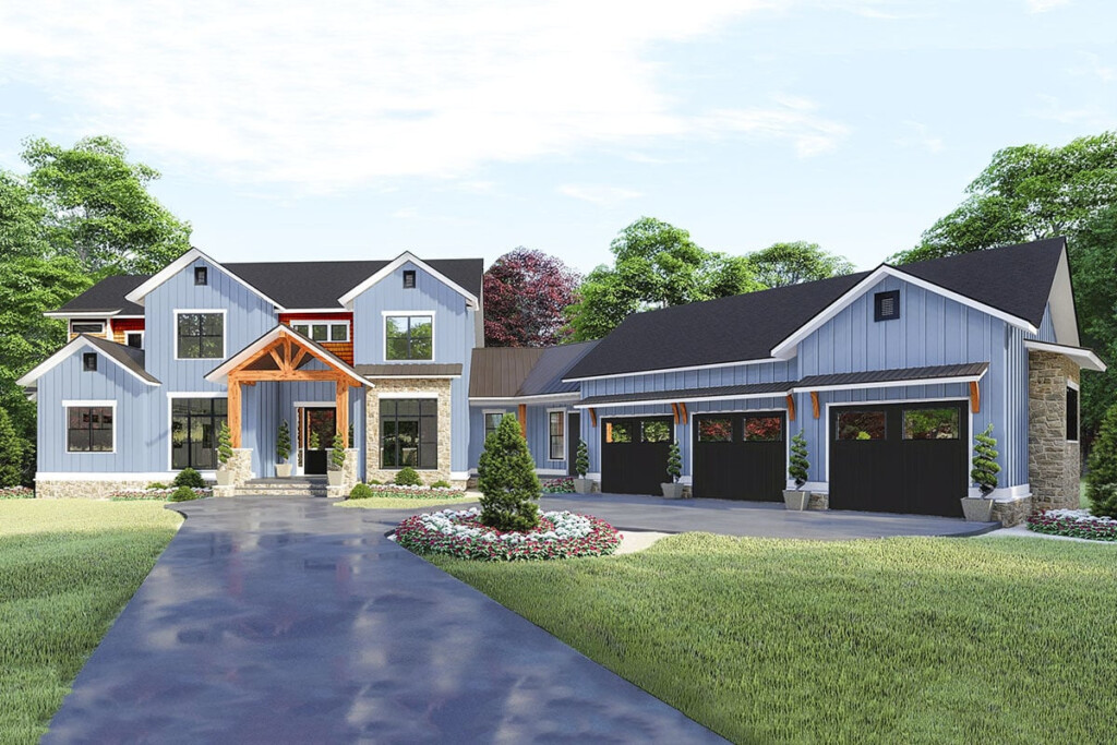 2 Story 5 Bedroom Spacious New American Farmhouse With Angled 3 Car  - 3 Car Garage 2 Story House Plans