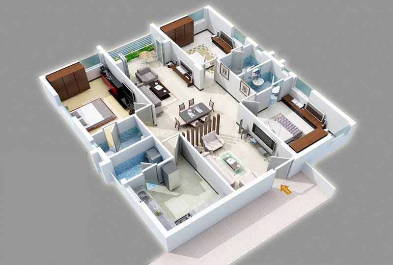 20 Designs Ideas For 3D Apartment Or One Storey Three Bedroom Floor  - 3 Bedroom 3 Bath House Plans 1 Story