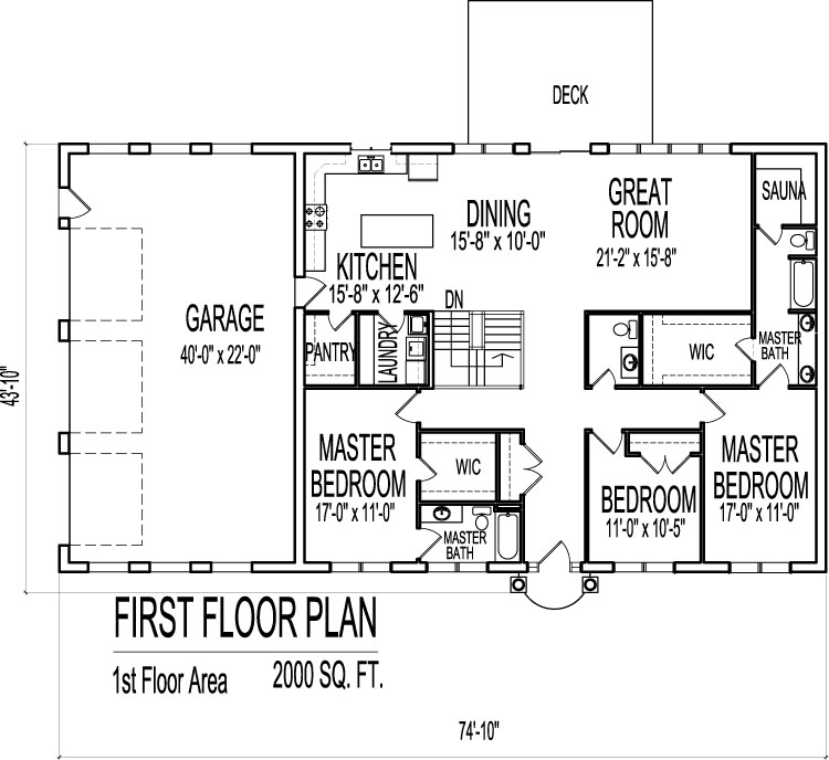 2000 Sq Ft House Plans 3 Bedroom Single Floor One Story Designs - 2000 Square Feet Single Story House Plans