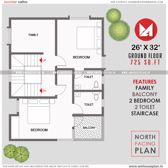 26 X 32 Perfect North Facing House Plan - 26 X 32 Two Story House Plans