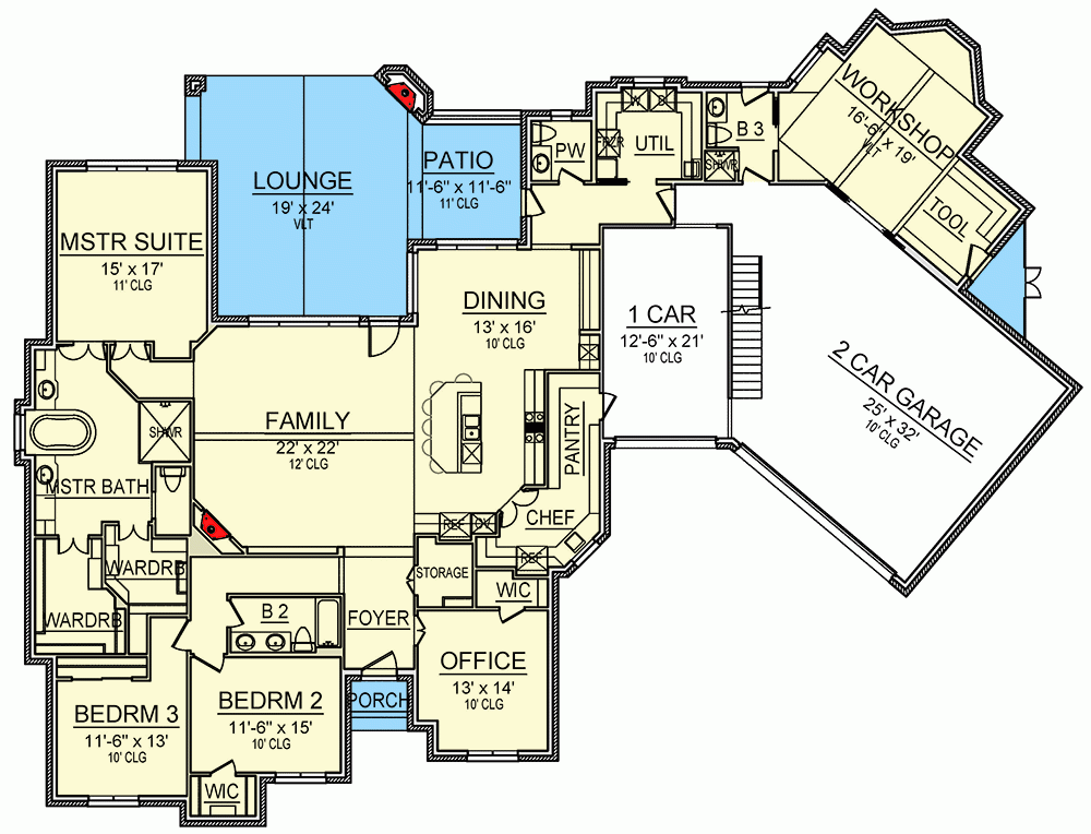 3000 Square Foot Mid Century Modern House Plan With Outdoor Lounge  - 1.5 Story House Plans 3000 Sq Ft