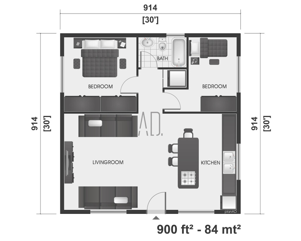 30x30 Floor Plan Modern House Plan 2 Bedroom House Plan Small  - 30X30 House Plans 2 Story