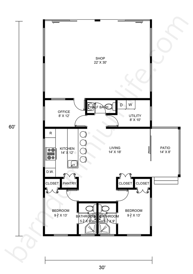 30x60 Barndominium With Shop Floor Plans 8 Great Designs For A  - 60X30 1.5 Story House Floor Plans