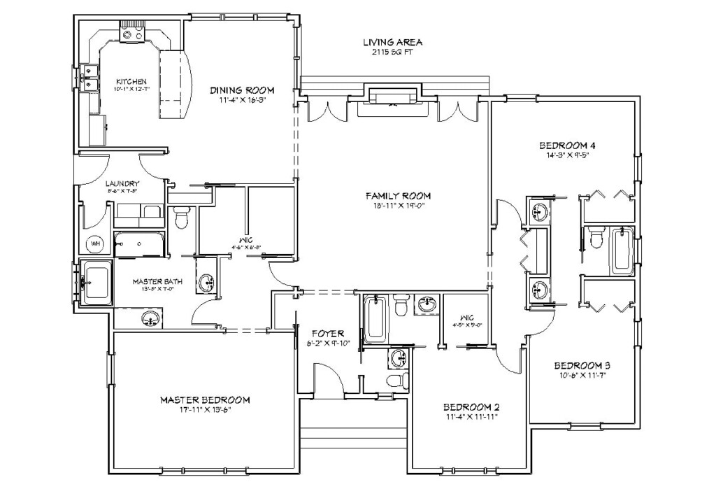 4 Bed 3 5 Bath 2100 SF 56x46 House Plans Traditional Style 1 Story  - 4 Bedroom 3.5 Bath 1 Story House Plans