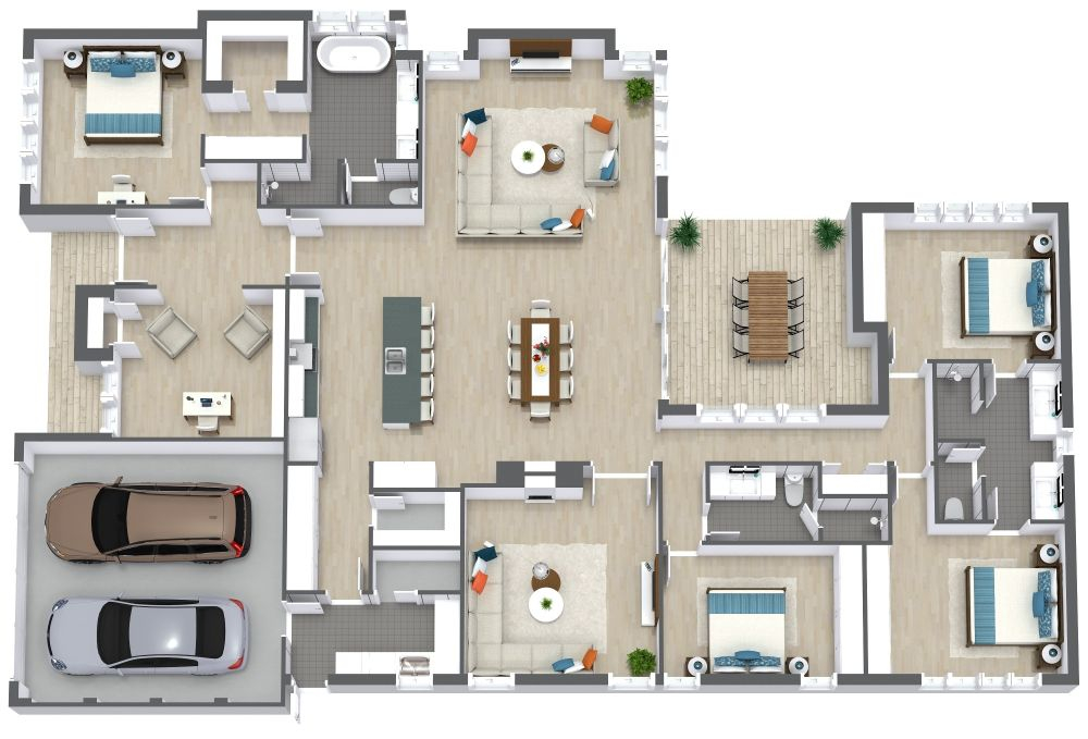 4 Bedroom House Plan Examples - 4 Bedroom House Plans One Story 3D