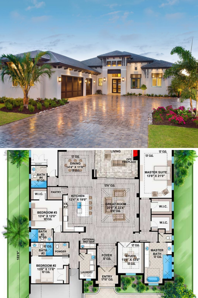 4 Bedroom Single Story Southern Contemporary Home With Rear Outdoor  - House Plan 4 Bedrooms 1 Story