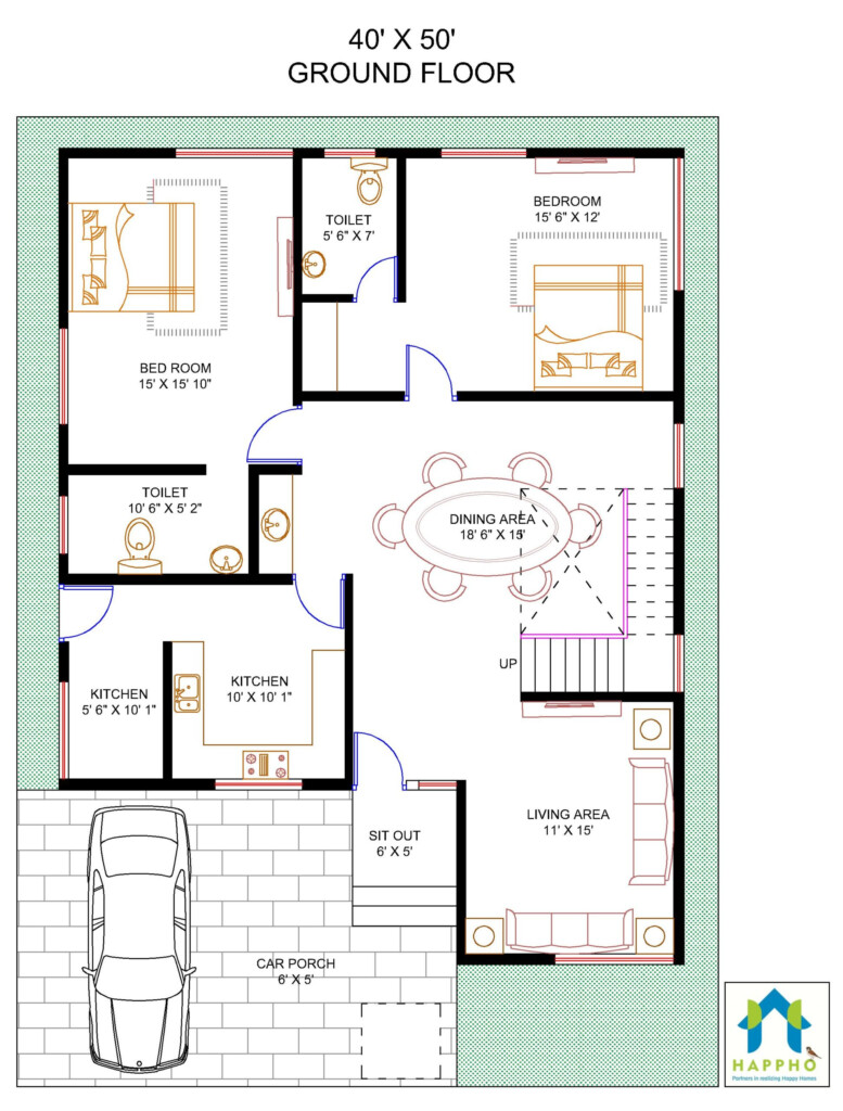 40X50 Duplex House Plan Design 4BHK Plan 053 Happho - 40X50 2 Story House Plans