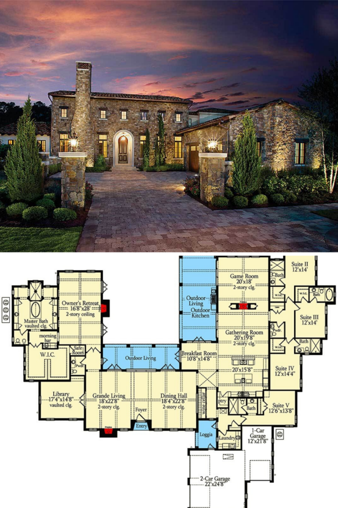 5 Bedroom Single Story Tuscan Villa Floor Plan Mediterranean House  - One Story Tuscan House Plans