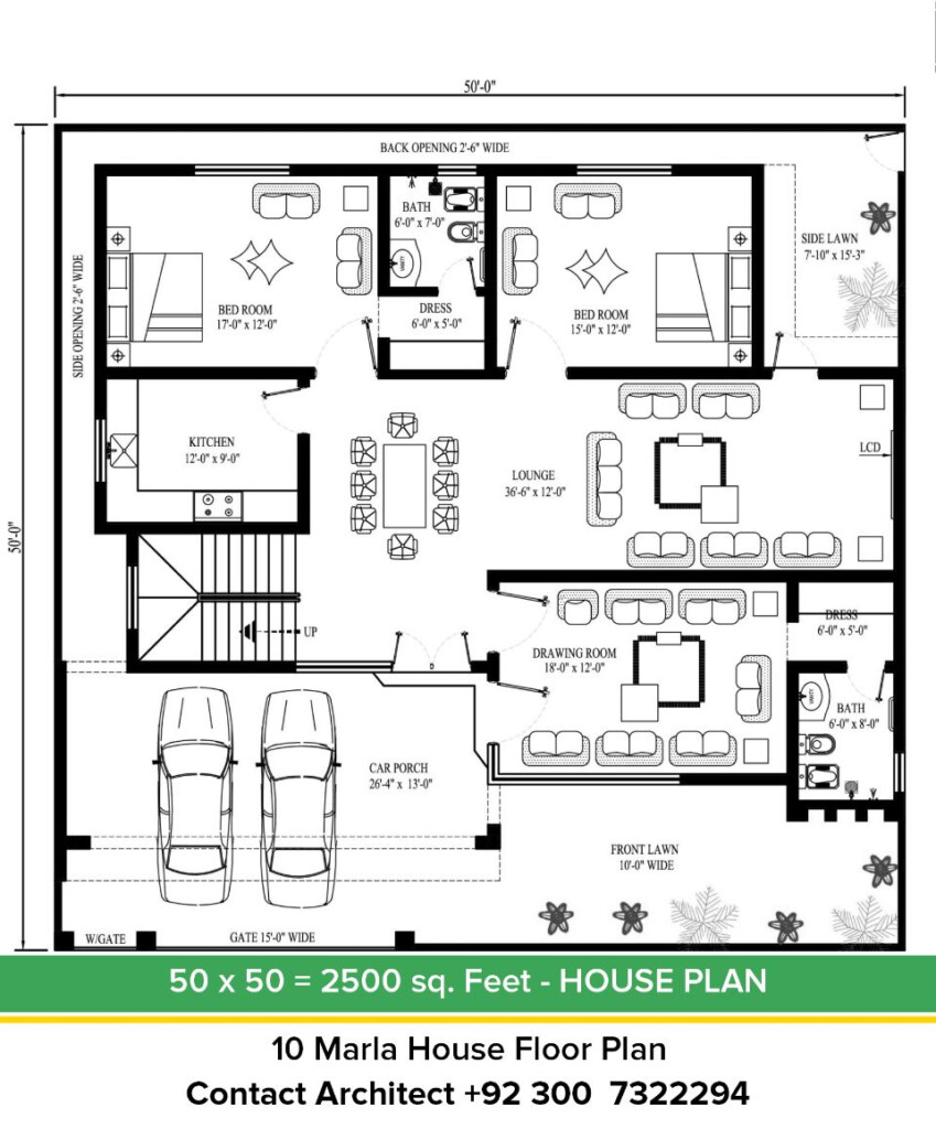 50x50 House Plan 10 Marla Floor Plan 2Bedroom Ground Floor - 10 Story House Floor Plans