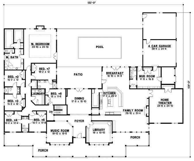 6 Bedroom One story Home Country Style House Plans Large House  - 6 Bedroom House Plan 1 Story