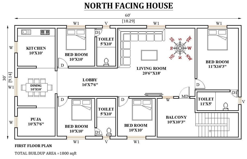 60 x30 North Facing House Plan Is Given In This Autocad Drawing File  - 60 X 30 Story And Half House Plans