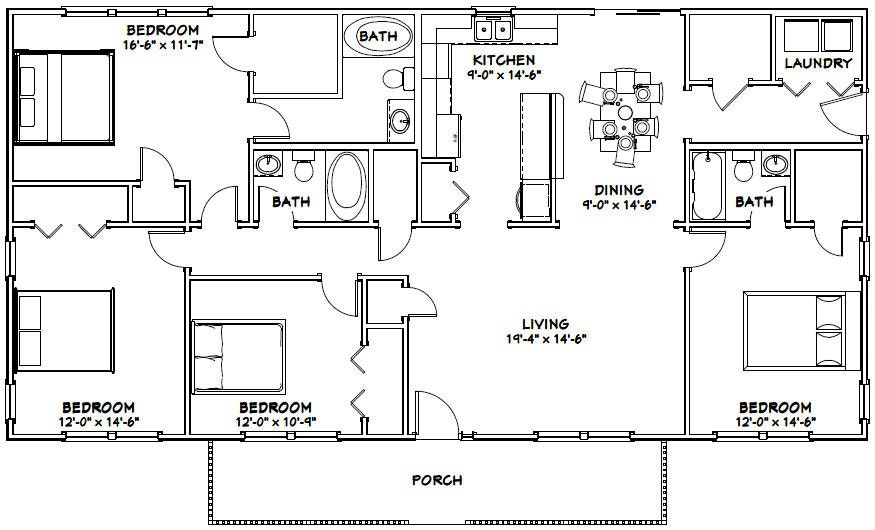 60x30 House 4 bedroom 3 bath 1800 Sq Ft PDF Floor Etsy - 60X30 1.5 Story House Floor Plans