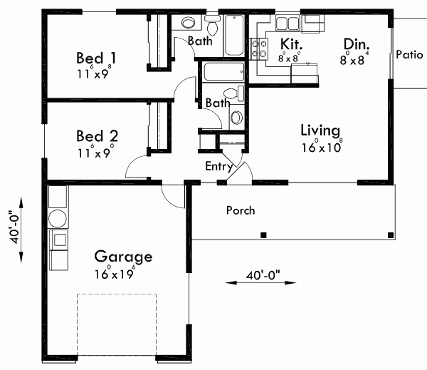 ADU Small House Plan 2 Bedroom 2 Bathroom 1 Car Garage - 2 Bedroom 2 Bathroom Single Story House Plans