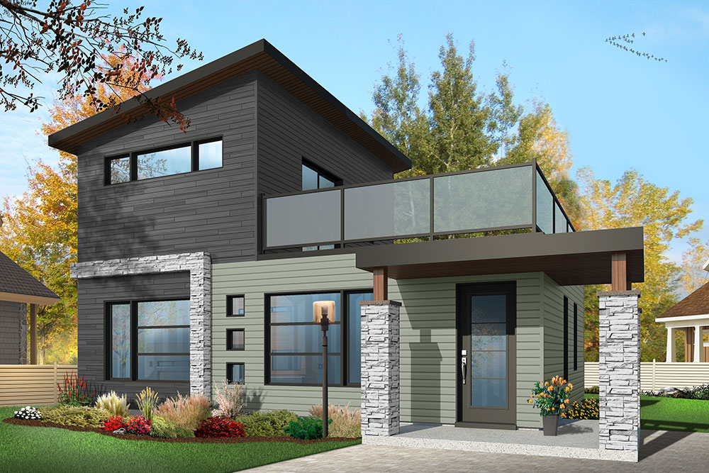 Affordable Modern Two story House Plan With Large Deck On Second Floor - Cheap To Build Two Story House Plans