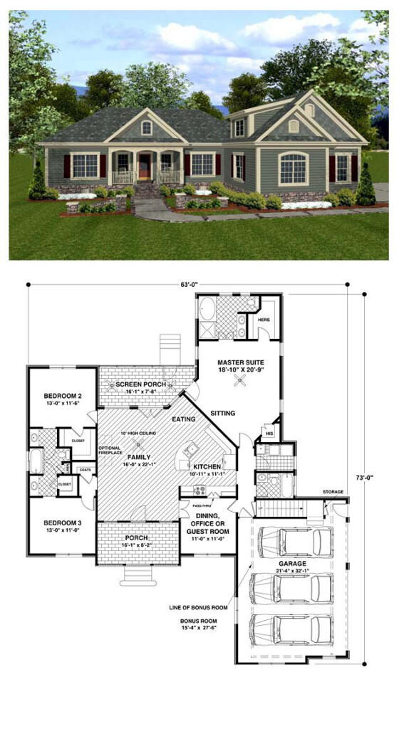 Craftsman House Plan 92385 Total Living Area 1800 Sq Ft 3 Bedrooms  - One Story House Plans 1800 To 2000 Sq Ft