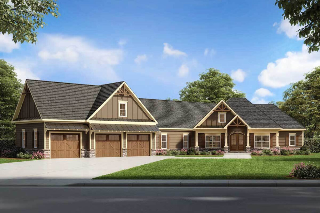 Craftsman House Plan With 3 Car Angled Garage 360080DK  - 1.5 Story House Plans With 3 Car Garage