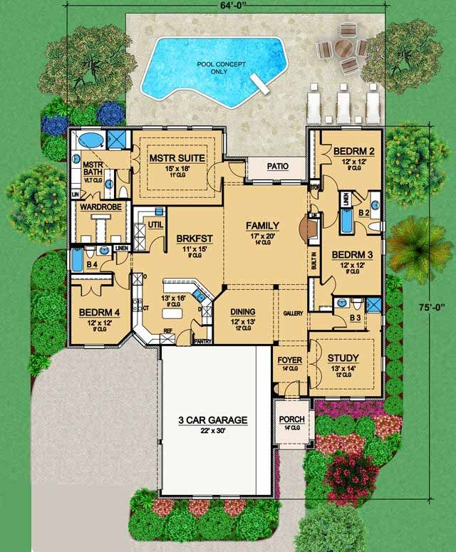 European House Plan 4 Bedrooms 4 Bath 2929 Sq Ft Plan 63 465  - 4 Bedroom 4 Bath 1 Story House Plans