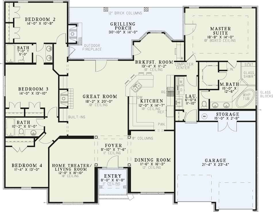 European Ranch Style House Plan 4 Bedroom 3 Bathroom - 4 Bed 3 Bath Single Story House Plans