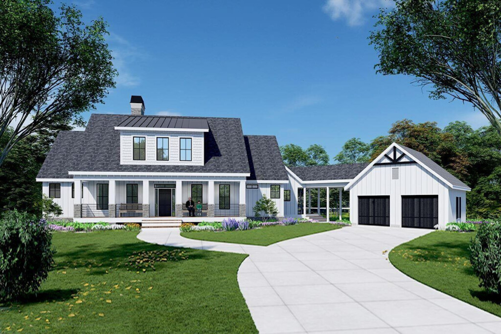 Farm Style House Plan Designed For Rear View Lots With Open Breezeway  - 2 Story House Plans With Breezeway To Garage