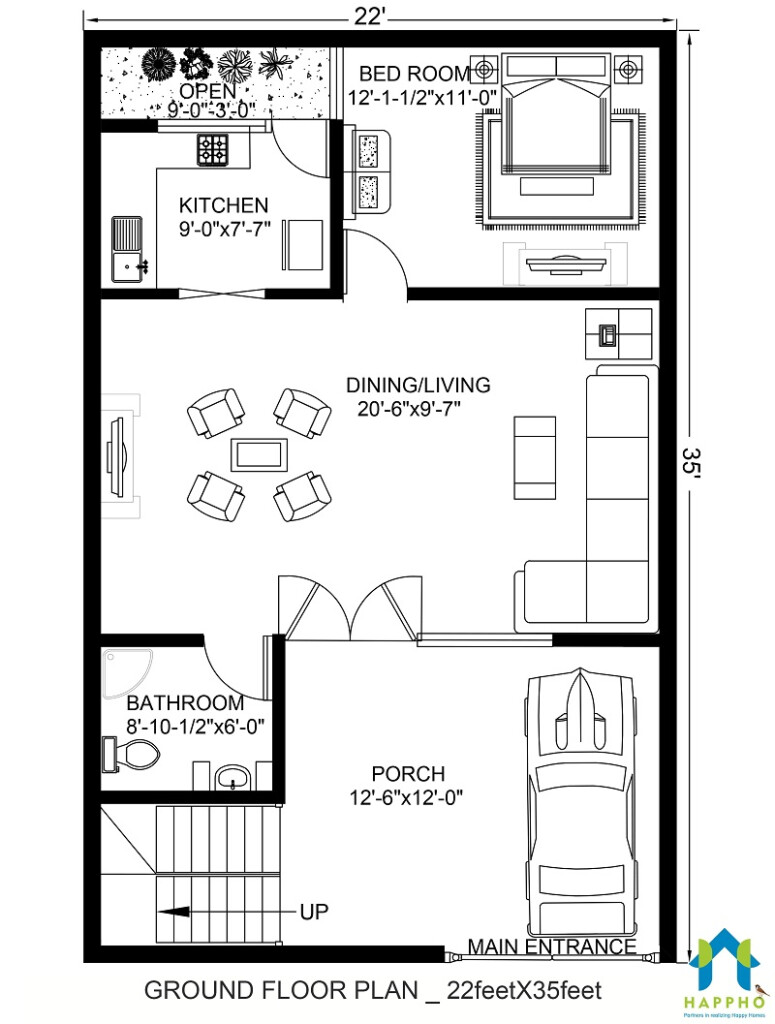 Floor Plan For 22 X 35 Feet Plot 2 BHK 770 Square Feet 85 5 Sq Yards  - House Plan For 22W By 35 Long By Two Stories