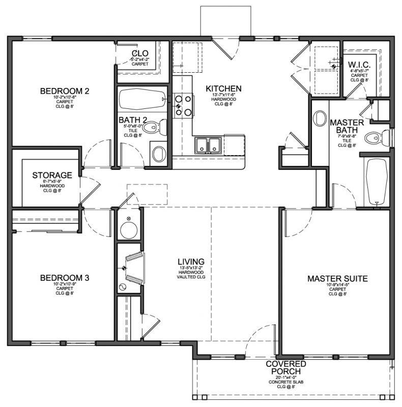 Floor Plan For Small 1 200 Sf House With 3 Bedrooms And 2 Bathrooms  - 3 Bedroom 2 Bath House Plans 2 Story