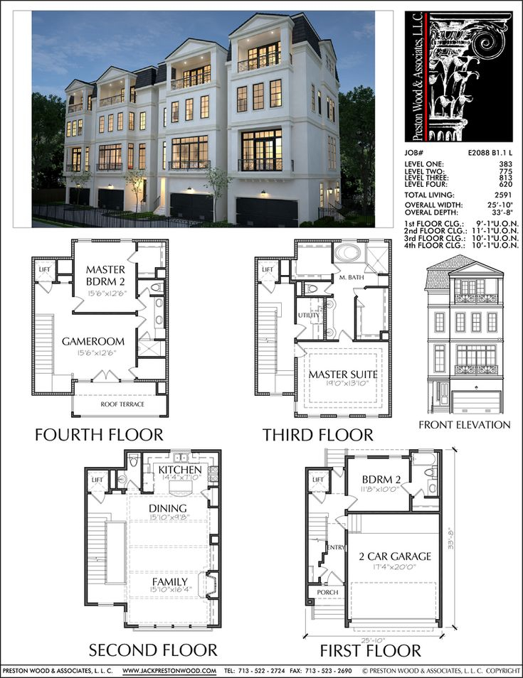 Four Story Townhouse Plan E2088 B1 1 Town House Plans Townhouse Two  - 4 Story House Plans