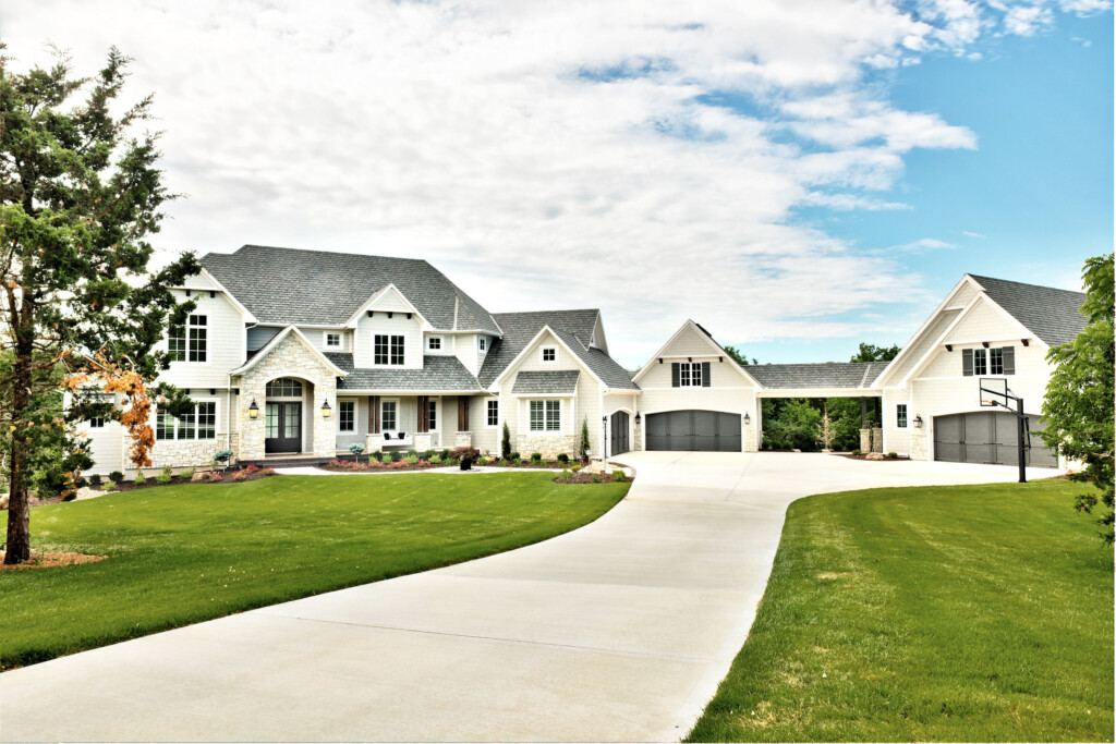 Large White Exterior Detached Garage Long Driveway Light Colored  - 2 Story Large Country House Plans With Large Garage