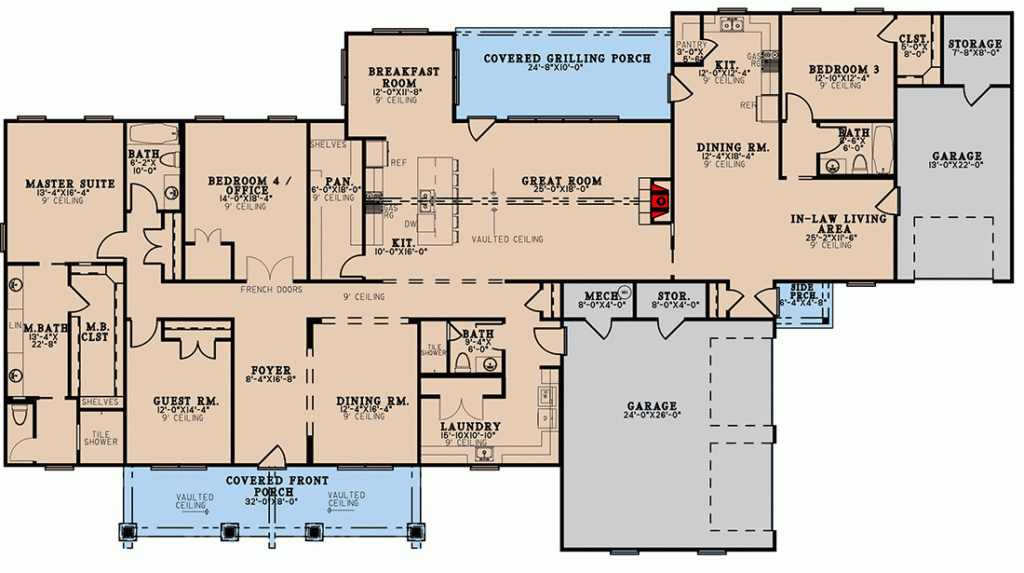 Multi generational Ranch Home Plan With 1 Bed Apartment Attached  - Single Story Multi Generational House Plans