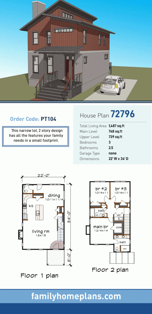 Narrow Lot House Plan 72796 Total Living Area 1 487 SQ FT 3  - Small Footprint 2 Story House Plans