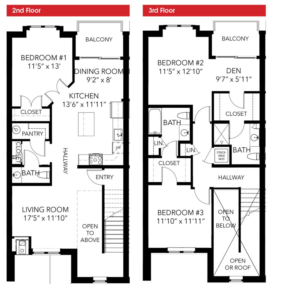 Oakbourne Floor Plan 3 Bedroom 2 story LEED Certified Townhouse  - Floor Plans For 3 Bedroom 2 Story House