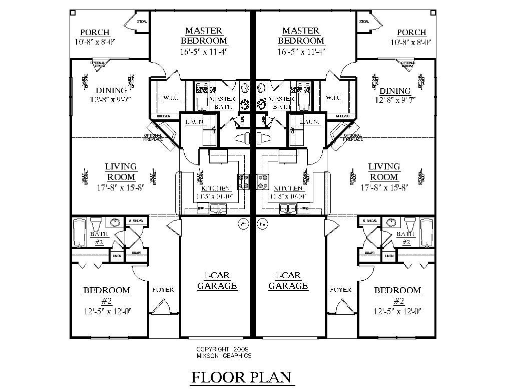 One Level Duplex Craftsman Style Floor Plans DUPLEX Plan 1261 B  - 3 Bedroom One Story Duplex House Plans