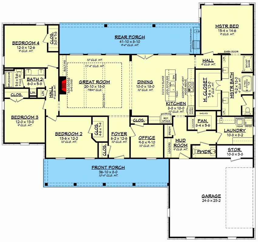 One Story 4 Bed Modern Farmhouse Plan With Home Office 51841HZ  - 4 Bedroom House Plan 1 Story