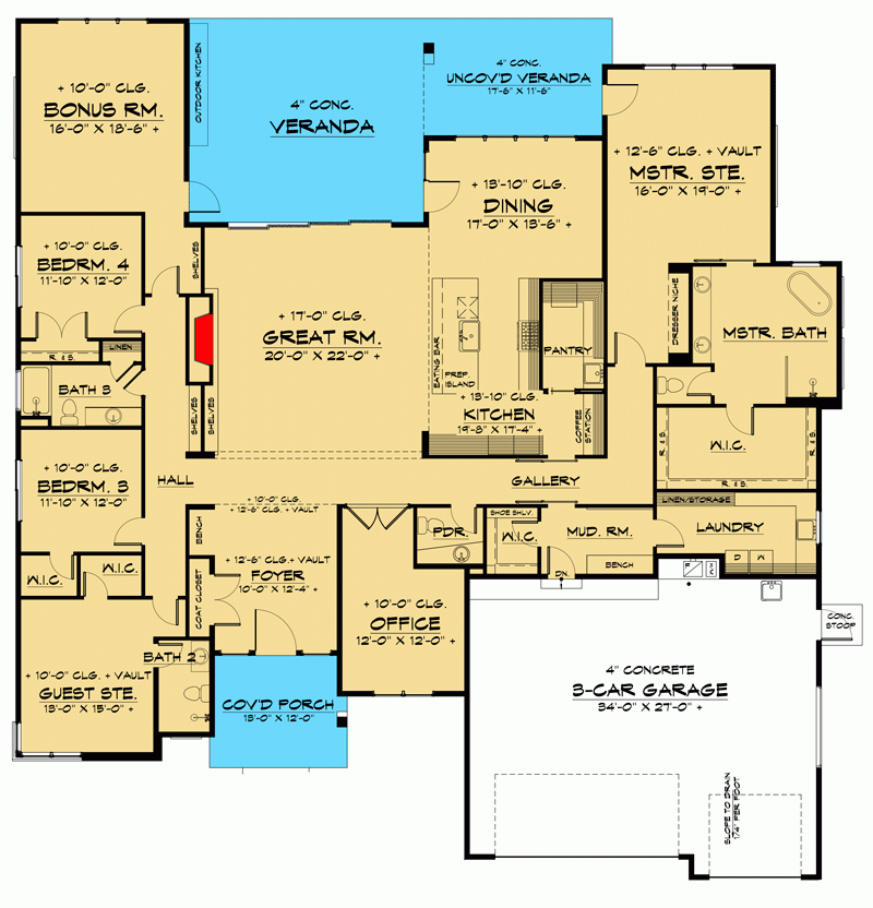 One story Modern Home Plan With Home Office And Separate Bonus Room  - 1 Story With Bonus Room House Plans