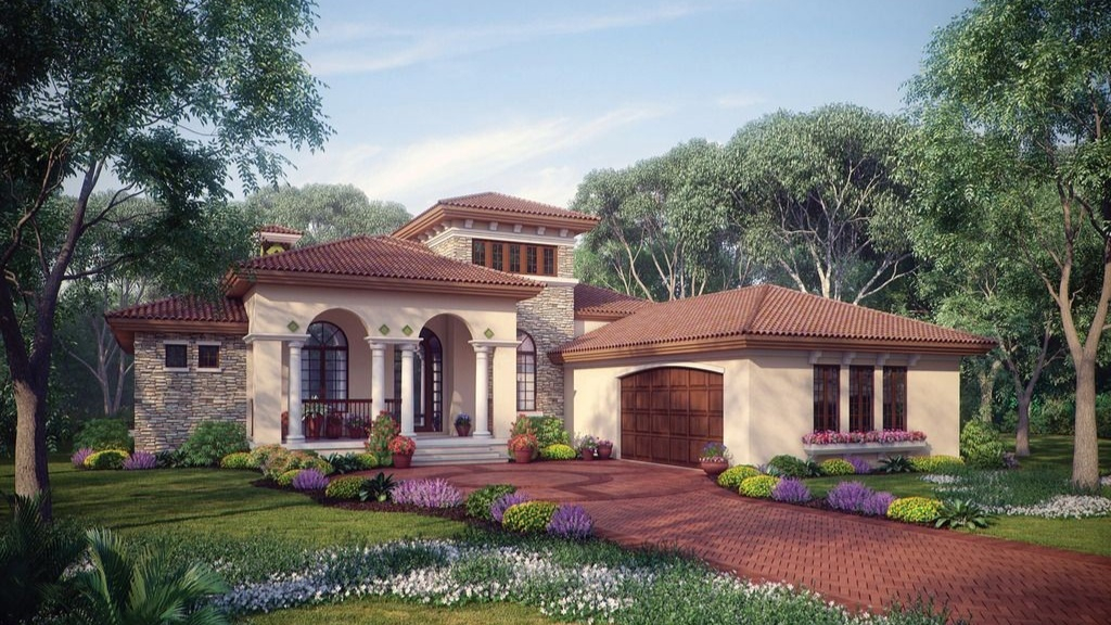 One story Plan L shaped House With A Tower In The Mediterranean Style  - 1 Story L Shaped House Plans