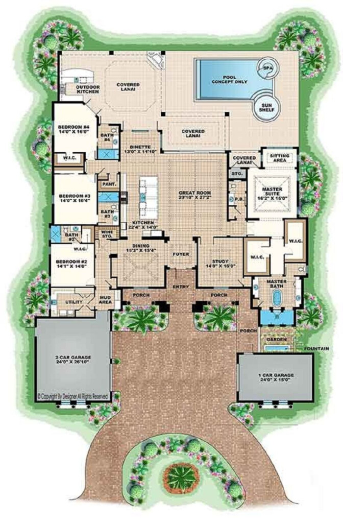 Open Floor Plans For Single Story Spanish Style Homes 4386 Sq Ft With 4  - Single Story Spanish Style House Plans