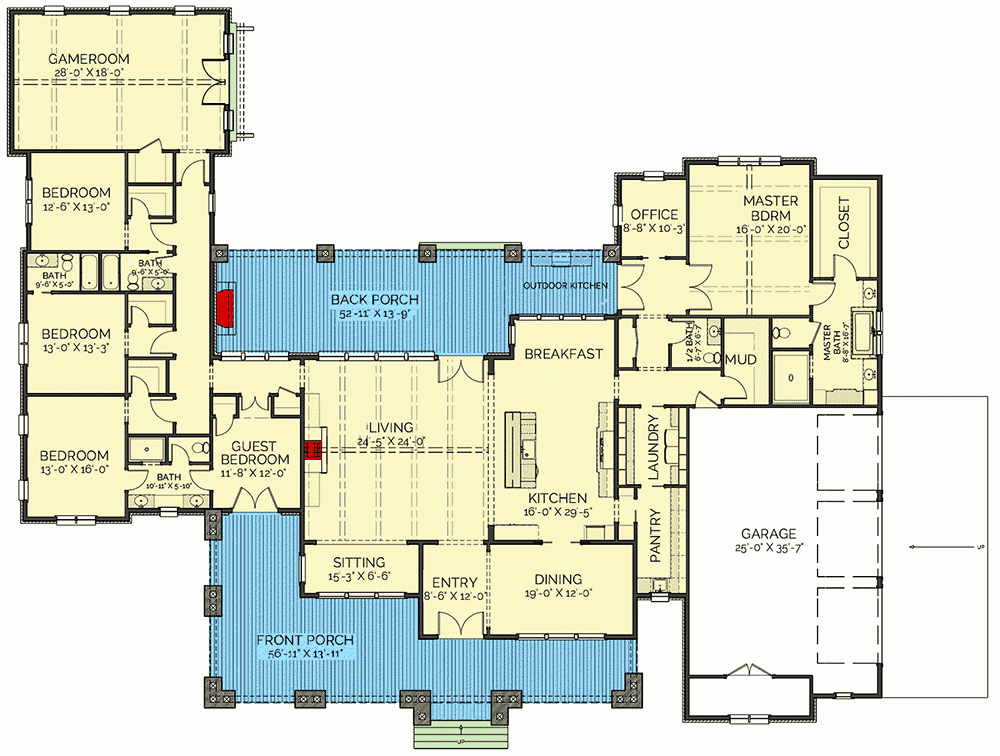 Plan 130035LLS Stunning 5 Bed New American House Plan With Game Room  - One Story House Plans With Game Room