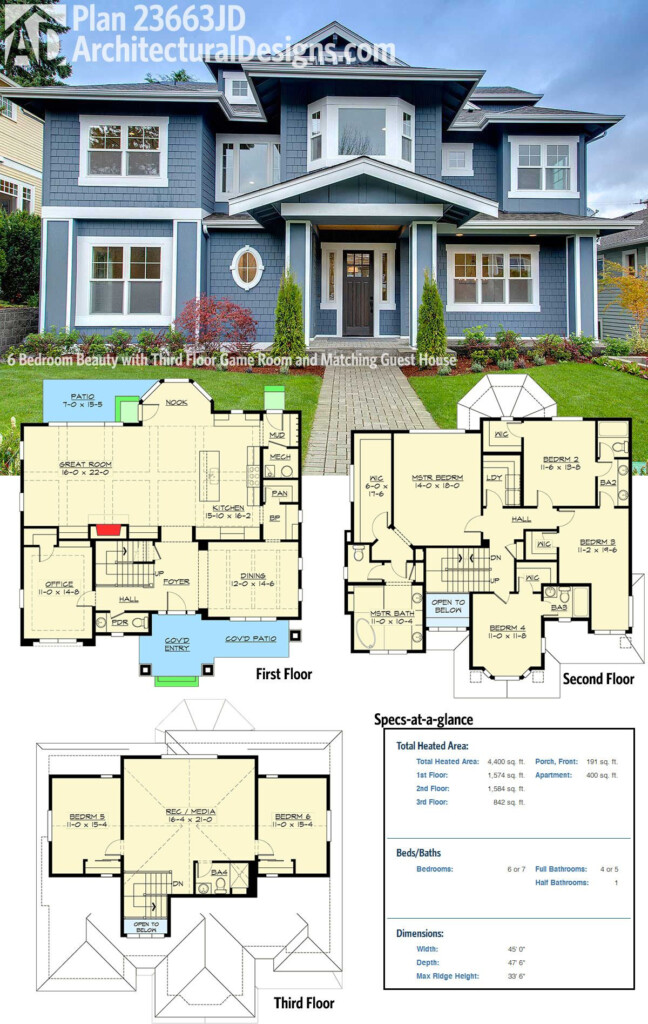 Plan 23663JD 6 Bedroom Beauty With Third Floor Game Room And Matching  - House Floor Plan 3 Story