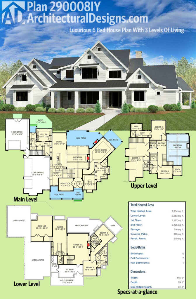 Plan 290008IY Luxurious 6 Bed House Plan With 3 Levels Of Living  - 3 Story 6 Bedroom House Plans