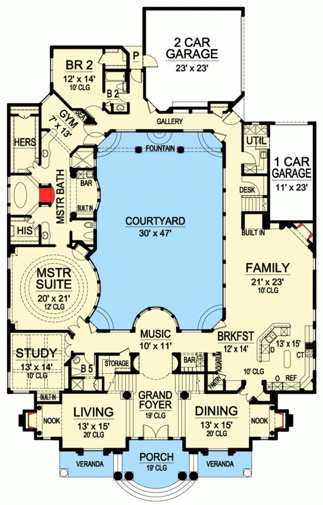 Plan 36186TX Luxury With Central Courtyard Courtyard House Plans  - Courtyard Style Home With Pool Single Story House Plans