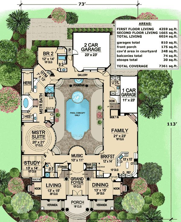 Plan 36186TX Luxury With Central Courtyard Pool House Plans Luxury  - Courtyard Style Home With Pool Single Story House Plans