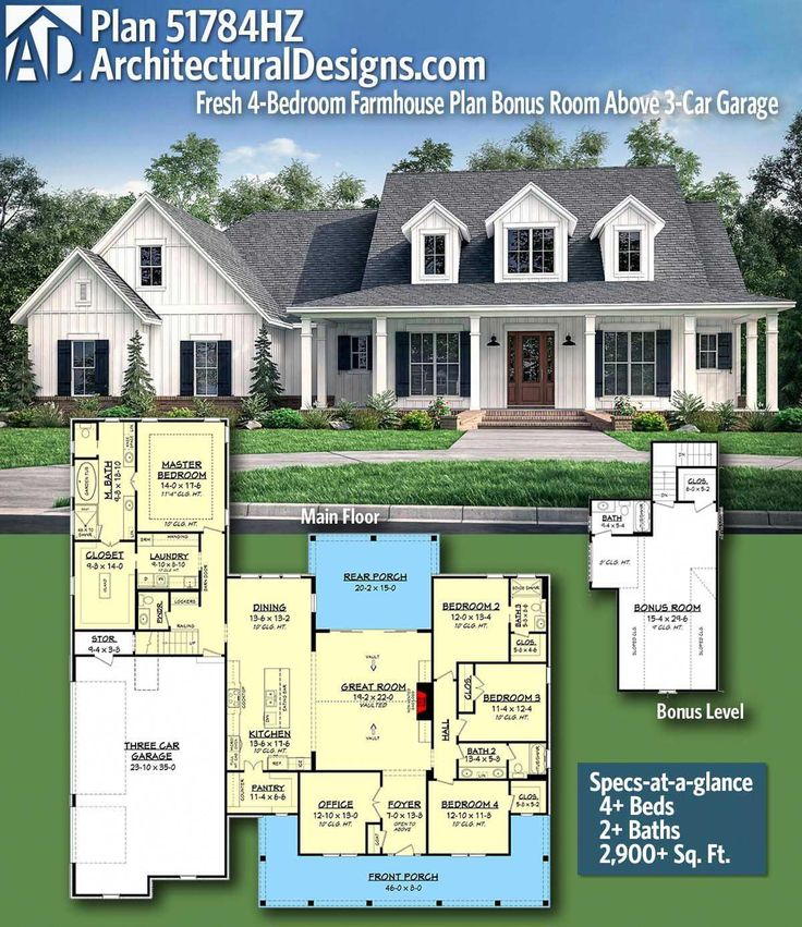 Plan 51784HZ Fresh 4 Bedroom Farmhouse Plan With Bonus Room Above 3  - 2 Story 4 Bedroom House Plans With Bonus Room