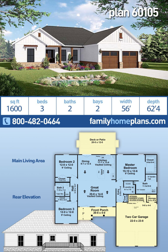 Plan 60105 3 Bed 2 Bath Traditional House Plan With 1600 Sq Ft And  - 3Brm 2 Bath One Story 1600 Sq Ft House Plans