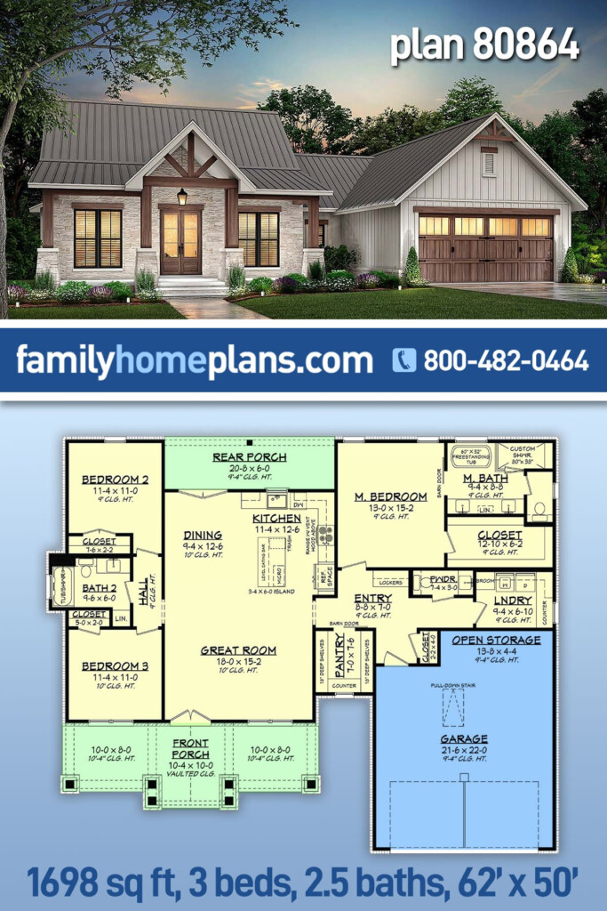 Plan 80864 Texas Style Modern Farmhouse Plan With 1698 Sq Ft 3 - 2.5 Story House Plans