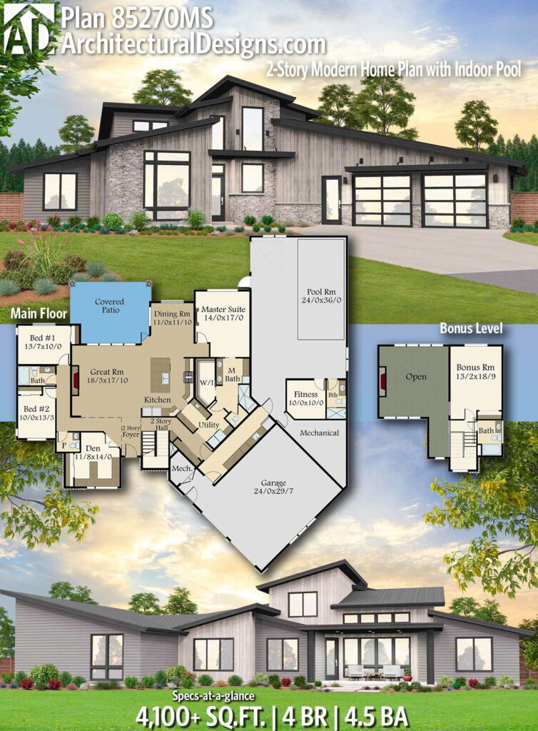 Plan 85270MS 2 Story Modern Home Plan With Indoor Pool House Plans  - 2 Story House Plans With Indoor Pool