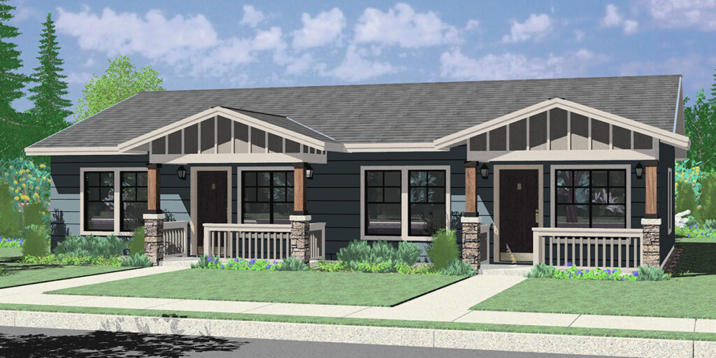 Plan F 596 One Level 4 Unit Multi Plex Design Plan Bruinier Associates - 1 Story 2&3 Bedroom Multi Plex Housing Plans